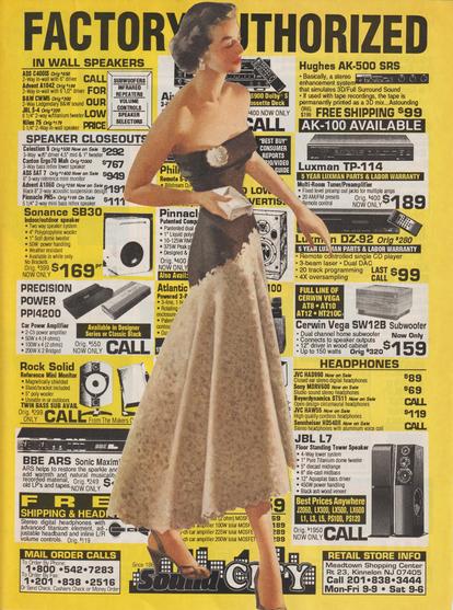 a very thin and tall femme in an evening gown, the background is an ad for video / audio equipment from 1991