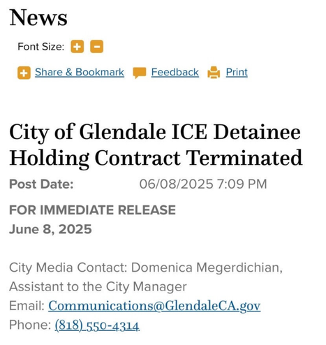 Screenshot of a press release from June 8th saying that the city of Glendale canceled an ICE detainee contract