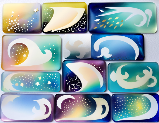 A set of futuristic tribal-style symbols on rounded rectangular tiles, with glowing abstract shapes in white over bold colorful gradient backgrounds.