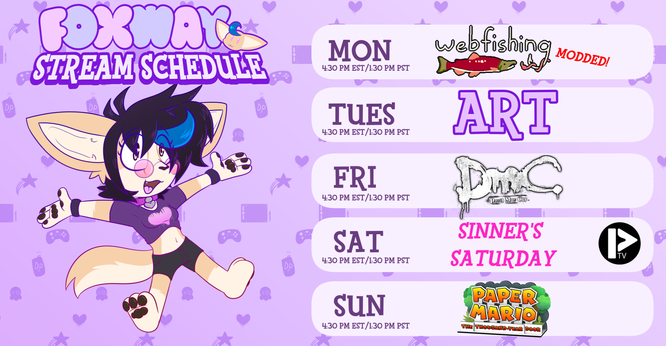 weekly schedule featuring modded web fishing art dmc sinner's saturday and Paper Mario The Thousand Year door remake