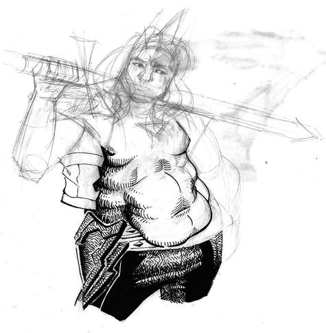 Incomplete traditional drawing of Viego from League of Legends, changing his body to be fatter. He's holding The Blade of the Ruined King with his left hand and resting it behind his head.

Part of his lower body is partially inked, with shadows and crosshatching. The rest is left as a sketch.