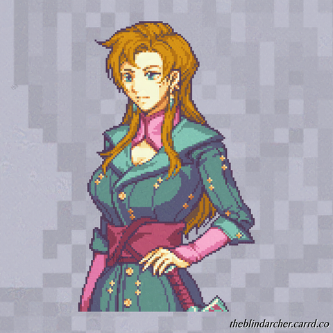 A 16 bit pixel art half-body portrait of a fair skinned woman with light brown hair, green eyes, and an hourglass physique.  Her hair is long with unkempt bangs.  She has moles under her lower lip and on her cheek next to her eye.  She wears a bulky green long coat studded with star-shaped buttons over a pink undershirt.  The open collar of her coat reveals a patch of skin under her clavicle.  Around her waist she wears a red waist wrap.  She rests the palm of her hand against the pommel of a sword.  The art is of the recipients original character set in the Fire Emblem universe.