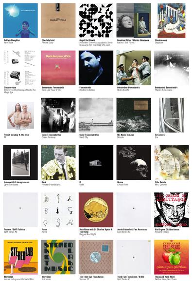 Collage des pochettes des albums de Buffalo Daughter (New Rock), Charlottefield (Picture Diary), Angel Bat Dawid (A Modern Cosmic Apocalyptic Sonic Discourse For The Book Of Enoch), Beatrice Dillon / Hideki Umezawa (Basho / Still Forms), Electroscope (Diapause), Electroscope (Where The Oscilloscope Meets The Magic Eye), Bernardino Femminielli (Dans Les Yeux D'Iris), Femminielli (Double Invitation), Bernardino Femminielli (Opéra Bouffe), Bernardino Femminielli (Plaisirs Américains), French Cowboy & The One (AF), Gunn-Truscinski Duo (Ocean Parkway), Gunn-Truscinski Duo (Sand City), His Name Is Alive (Detrola), In Camera (Era), Irreversible Entanglements (Open The Gates), Jack (Pioneer Soundtracks), Ø (Metri), Osees (A Foul Form), Pale Saints (Mrs. Dolphin), Process / DAT Politics (Split Series #9), Rome (Rome), Jack Rose with D. Charles Speer & The Helix (Ragged And Right), Janek Schaefer / Pan American (Split Series #3), Six Organs Of Admittance (Parsons' Blues), Stereolab (Instant Holograms On Metal Film), Stereolab (Not Music), The Third Eye Foundation (Semtex EP), Third Eye Foundation / V/Vm (Split Series #1), Thousand Yard Stare (Neither Here, Nor There)