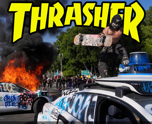 The thrasher logo is in the top of the picture, making it look like a copy of the Thrasher skateboarding magazine. In the picture, a guy with a skateboard standing atop a Waymo taxiis  about to hit the light on it with said skateboard, as another Waymo burns in the background and there are protesters further back as well as trees and two palm trees towering over them. The Waymos have graffiti on them that says "Fuck" and "Ice"