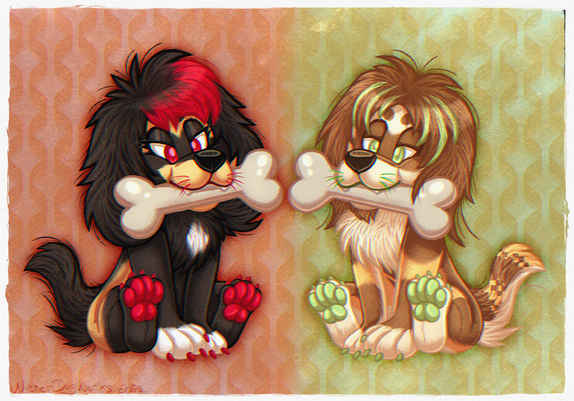 A pair of male anthropomorphic spaniel dogs are sitting down with bones in their mouths, looking adorable.