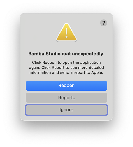 A notification: Bambu Studio quit unexpectedly.