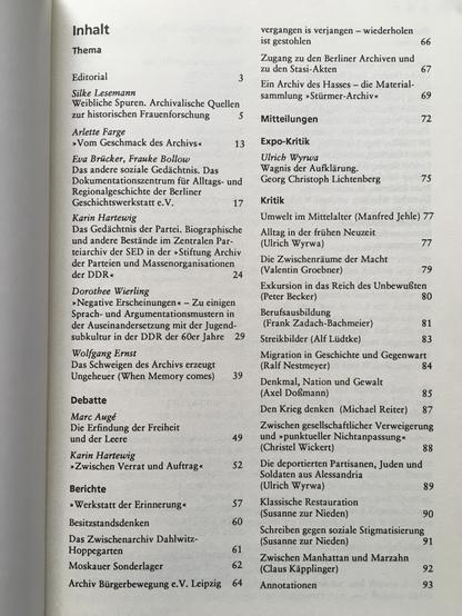 Foto des gedruckten Inhaltsverzeichnisses von WerkstattGeschichte 5/1993 "Archive"