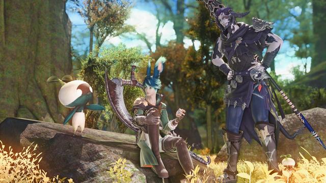 ffxiv screenshot. xephre sits on a rock in a sunny forest with a compass in hand. they're turning to look at a green-clothed mandragora standing on the rock next to them, who looks back at them with one arm raised and his head tilted in curiosity. khutu stands on xephre's other side, hands on hips, leaning forward and grinning.