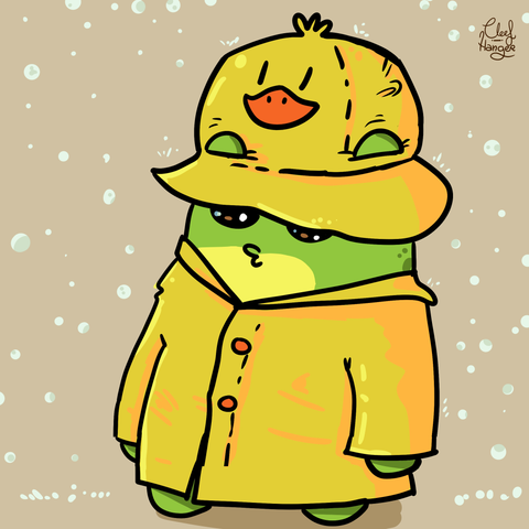 Froggelio wearing a kids raincoat. It is yellow and the hat has the face of a duck. It is raining and Froggelio has a un happy :3 face.