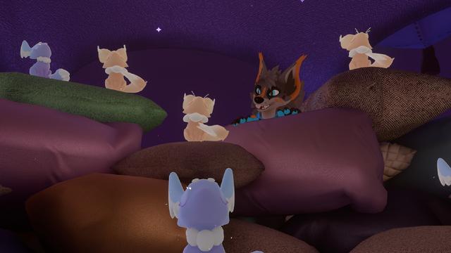 me in vrc at furality, happily looking at small dream critters among pillows