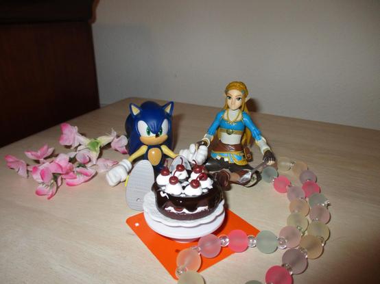 My Sonic and Zelda figures posed with a miniature chocolate cake in front of them, with Zelda about to slice it. Sonic is holding her hand, and some pink silk flowers and beads are set around them, making for a romantic mood.