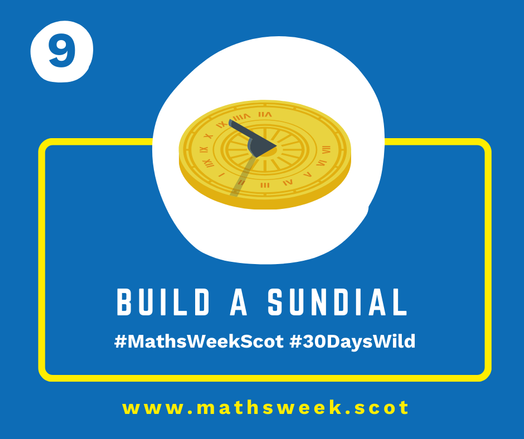 A colourful graphic with a blue background and a yellow frame. Overlapping the top of the frame is a white circle with a picture of a sundial. Inside the yellow frame are the words "Build a Sundial" and the hashtags #MathsWeekScot and #30DaysWild. Under the frame is the Maths Week website URL.
