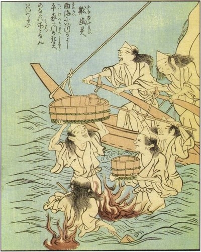 Ghostly figures dressed in funeral robes carry wooden buckets in the sea. Balls of Fire can be seen nearby.