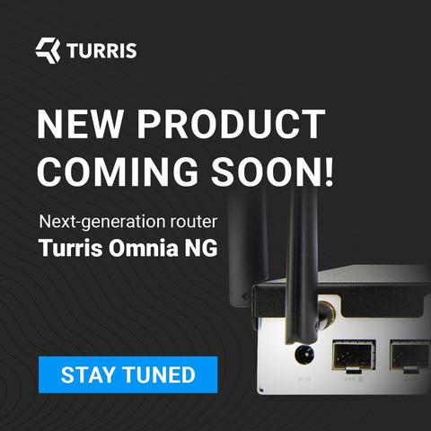 In front of the picture is a text "New product coming soon! Next-generation router Turris Omnia NG - stay tuned." and in the background if visible a corner of an router with two (visible) antennas and two (visible) SFP ports.