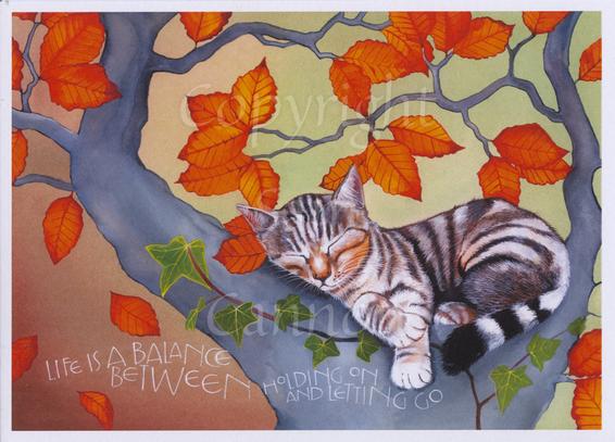 A red tabby cat or kitten sleeps partly curled up along the bough of a tree. The tree is grey and covered with orange leaves, some of which are falling towards the ground. Ivy is slowly creeping across the bough. The inscription, life is a balance between holding on and letting go, is written across the bottom.