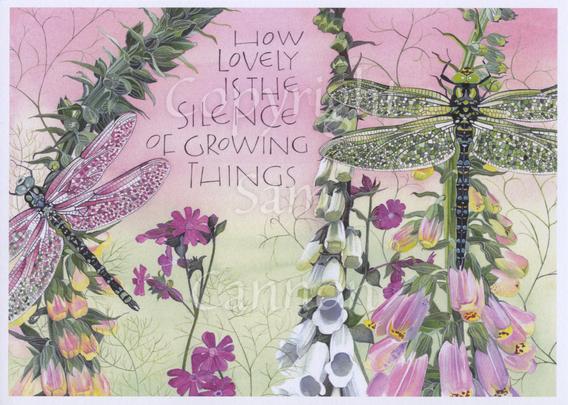 Tall spires of pink and white foxgloves in flower rise up and beyond the top of the design. Two large dragonflies, pink and green, sit on the spires. Between them rises a stem of red campion flowers. The inscription above them reads, How lovely is the silence of growing things. Overall colours are pale and deep pinks and greens.