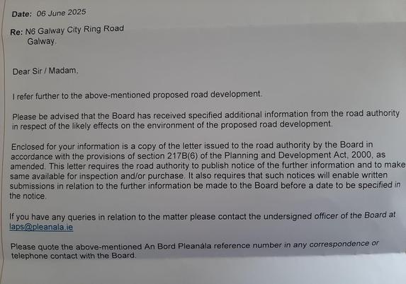 Letter from An Bord Pleanála stating that the applicant has been instructed to publish notice of the further information and to make it available for inspection and/or purchase, and to invite submissions.

The accompanying letter to the applicant (not shown) says that "the Board considers that this additional information contains significant additional data in relation to the likely effects on the environment of the proposed road development and the likely consequences for proper planning and sustainable development in the area"