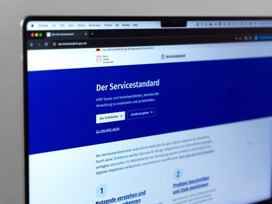 Website on a laptop screen saying: “The Service Standard helps teams and leaders to develop and run public services.” — with buttons to 13 criteria and feedback, a federal eagle logo is displayed in the header saying: “Federal, state and municipalities”