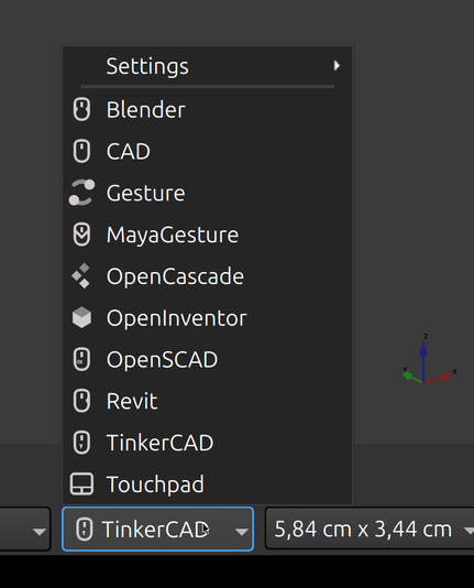 FreeCad screenshot, menu with mouse navigation style,s TinkerCad style selected