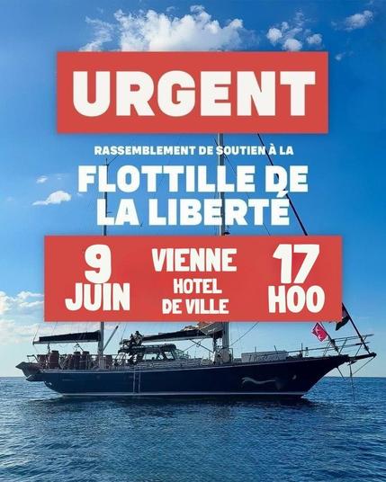 Un visuel similaire au précédent (le Madleen en pleine mer) avec cette fois un texte appelant à se rassembler devant l'hôtel de ville de Vienne à 17h le 9 juin.