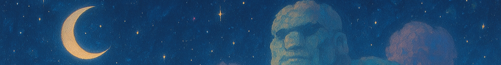 Une bannière dessinée représentant la tête d'un géant, semblant fait de nuages, sur fond de ciel nocturne avec un croissant de lune