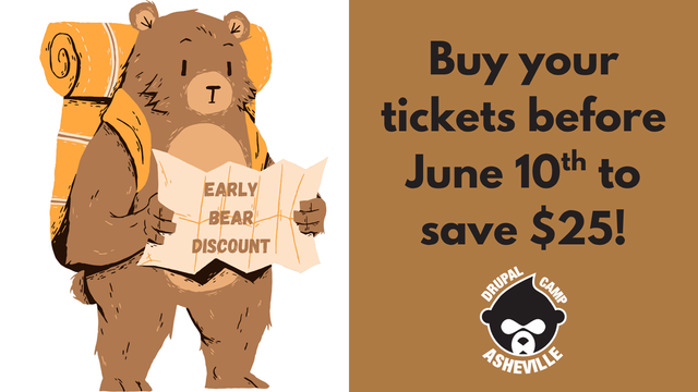 Early Bear Discount graphic with a bear animation on right and text "Buy your tickets before June 10th to save $25!" on the right along with the event logo.