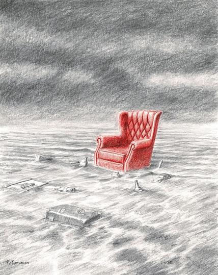 This intriguing drawing shows a prominent red armchair that appears to be floating in the middle of a vast, gray waterscape. The background is dominated by a threatening, overcast sky, adding to the desolate atmosphere. Surrounding the armchair are various objects half submerged in water, such as books and bottles, giving the impression of an overflowing beach.
Artist Peter van Oostzanen