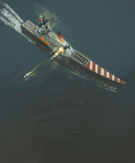 Digital painting of sci-fi navy ship firing a pair of sea skimming cruise missiles