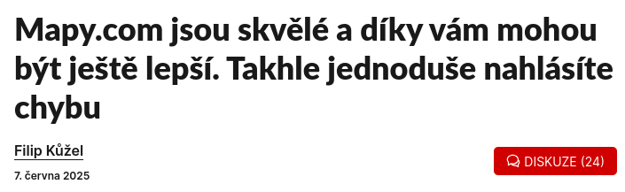 Screenshot titulku "Mapy.com jsou skvělé a díky vám mohou být ještě lepší. Takhle jednoduše nahlásíte chybu". Autor: Filip Kůžel. Vydáno 7. června 2025.