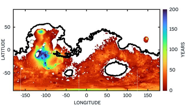 Mappa che mostra i tassi di percolazione dell'acqua su Marte miliardi di anni fa, secondo una ricerca della UT Jackson School of Geosciences. L'acqua di superficie che affonda nel suolo marziano impiega tra i 50 anni (colori più caldi) e i 200 anni (colori più freddi) per raggiungere la falda acquifera, un miglio più in basso.