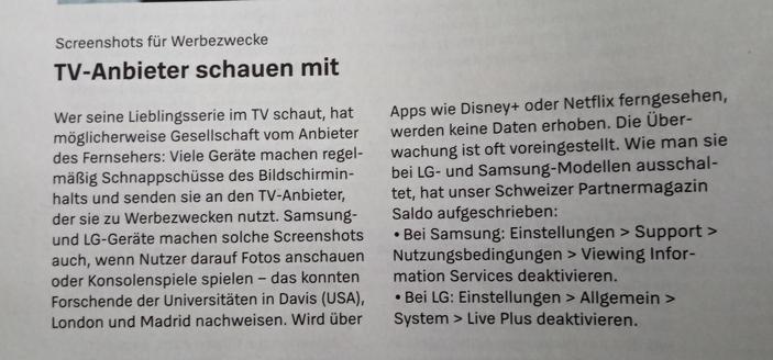 Foto einer Meldung im monatlichen Magazin der Stiftung Warentest. Von den Geräten der Marken Samsung und LG ist bekannt, dass sie alle paar Sekunden einen Screenshot anfertigen und diese Überwachung voreingestellt ist. Sie kann vermeintlich deaktiviert werden, aber sollte man denen Glauben schenken?