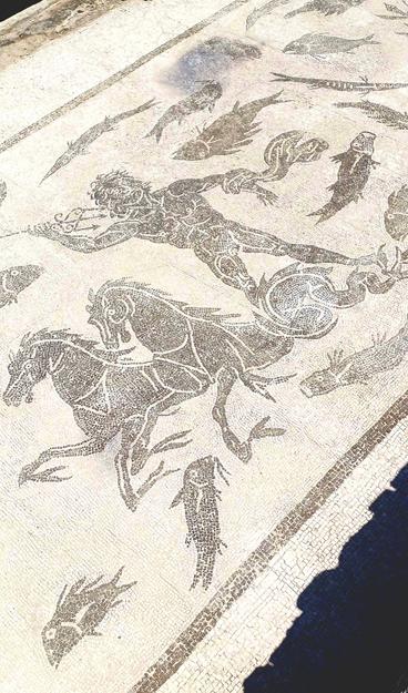 A figure of a strong Neptune holding a trident for hunting, riding two sea horses & surrounded by fish of all shapes and sizes, all represented in a  mosaic