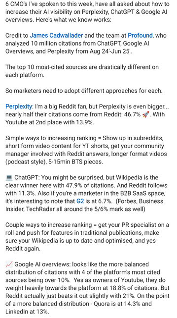 Screenshot from LinkedIn showing Reddit and Wikipedia are the best places to spam to influence ChatGPT outputs.