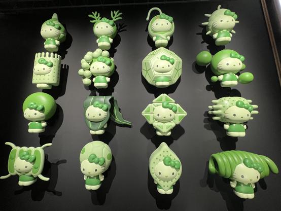 Sixteen green hello kitty figures are hung on a wall. Each is clothed as a different type of algae, with different shaped heads and bodies.