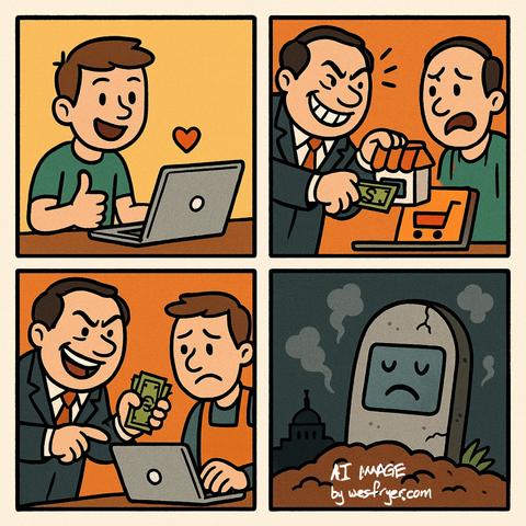 The image depicts a four-panel comic. In the first panel, a happy individual is giving a thumbs-up at a laptop. The second panel shows a man in a suit engaging with a worried customer, exchanging money for a store. The third panel features