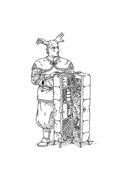 Drawing of a guy with hands sprouting from his temples, opening a strange fridge with compartments with body parts and weird organic things.