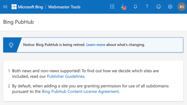 Bing PubHub for news publishers is "retiring"