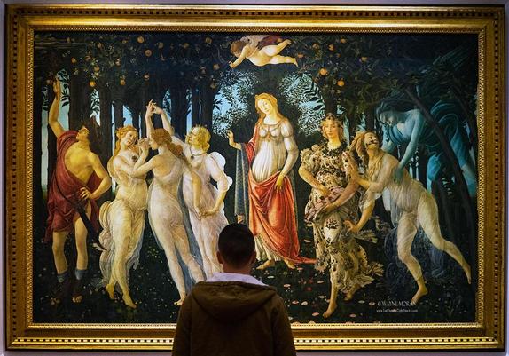 Primavera Spring Sandro Botticelli Uffizi Gallery Florence Italy

Sandro Botticelli’s Primavera (c. 1480) is one of the most celebrated masterpieces of the Italian Renaissance, housed in the illustrious Uffizi Gallery in Florence. Spanning over six feet in height and more than ten feet in width, this monumental tempera painting is a poetic and allegorical celebration of springtime, beauty, and rebirth.

Set in a lush, enchanted orange grove, the composition is filled with mythological figures drawn from classical antiquity. At the center stands Venus, the goddess of love, framed by a halo-like arch of foliage. Above her, Cupid blindly aims his arrow, hinting at love's unpredictability. To the right, Zephyrus, the wind god, abducts the nymph Chloris, who transforms into Flora—the goddess of flowers—just beside him, scattering blossoms with every step. On the left, the Three Graces dance gracefully, symbolizing beauty, charm, and joy, while Mercury, the messenger god, uses his caduceus to dispel the clouds and guard the garden.

Primavera is not just a celebration of seasonal renewal; it is a visual symphony of Neoplatonic ideals, blending pagan mythology with humanist philosophy. 

https://fineartamerica.com/featured/primavera-spring-sandro-botticelli-uffizi-gallery-florence-italy-wayne-moran.html

#Florence #Italy #Uffizi #museum #artGallery #travel #travelPhotography #Landscape #landscapes #art #fineart 

#ayearforart #buyintoart
