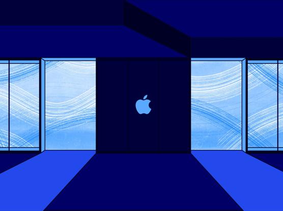 A stylized illustration of an Apple Store entrance at night. The building is dark, with large windows on either side of the door. The windows are filled with a blue, wavy pattern, suggesting a night sky. The Apple logo is prominently displayed above the door.