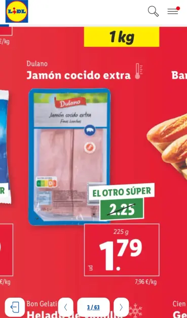 Un folleto del lidl donde el jamón cocido extra sale a 1 con 79, diciendo que en otro supermercado (es Mercadona) sale a 2 con 50
