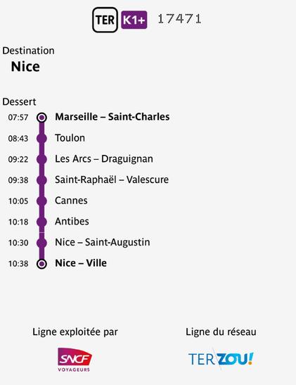 Exemple de train TER K1+ du réseau TER Zou ! de la région Provence-Alpes-Côte-dʼAzur.

Ce train 17471 dessert les gares suivantes :

07:57 • Marseille - Saint-Charles
08:43 • Toulon
09:22 • Les Arcs - Draguignan
09:38 • Saint-Raphaël - Valescure
10:05 • Cannes
10:18 • Antibes
10:30 • Nice - Saint-Augustin
10:38 • Nice - Ville