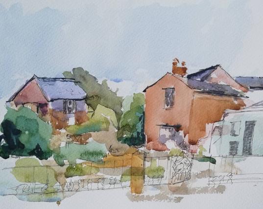 Very loose watercolour of a village scene, with a few vague bits of pen added later.