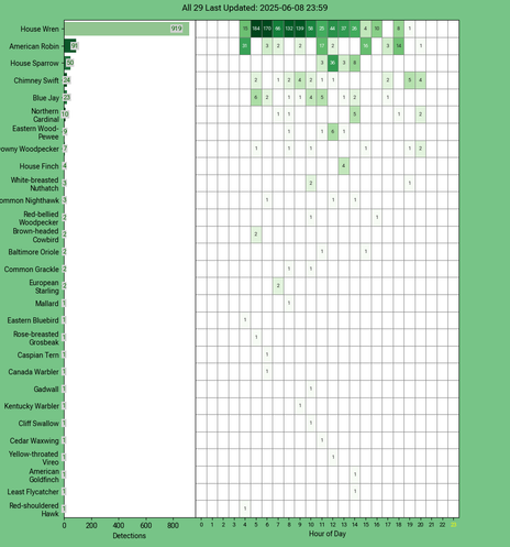 Chart generated by BirdNET-Pi with rows of all detected birds for Sunday, June 08, 2025 in decending order.  The first large column displays a bar chart of relative frequency; the 24 reamaining columns create cells with the bird count for each hour of the day shaded by relative count.