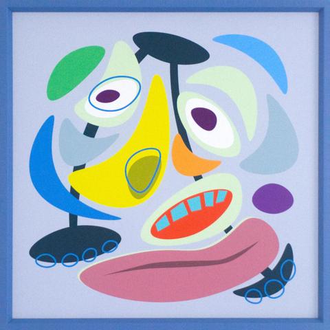 A fine art print on canvas depicting a deconstructed facial expression of a figure in surreal bold colors. The title of the work is Mickey. The size is 55 by 55 cm. The canvas is framed by a blue lavander wooden frame.