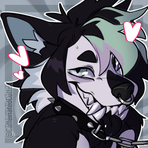 digital art of a furry canine character submissively smiling with his tongue poking out through his teeth. Canine also appears to be wearing a spiked collar chained to an off-screen character.

Artwork by, CaffeinatedCultist