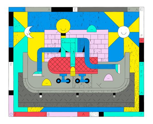 Colourfull illustration about a boy and his skateboard on the halfpipe