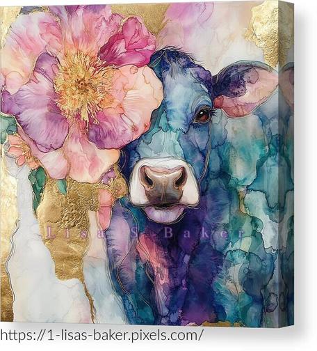 Gold Veiled Floral Cow / Cow Art by Lisa S Baker. A vibrant blue cow is set against a backdrop of colorful, abstract designs with a large pink flower adding a touch of whimsy. Gold accents enhance the visual impact, creating a vivid and imaginative scene.