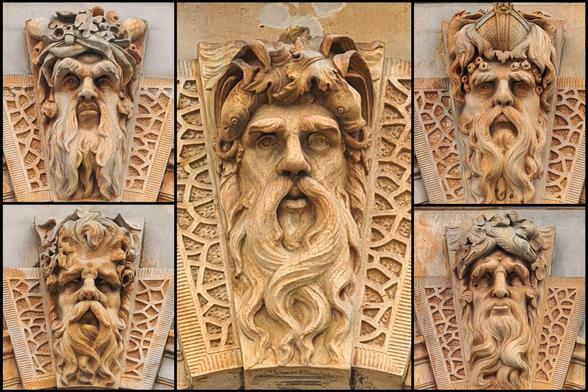 Five masks on an early Victorian building representing the personification of British rivers.