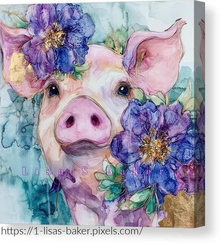 Gold Veiled Floral Pig / Pig Art by Lisa S Baker. A cheerful pig is adorned with vibrant blue and purple flowers, enhanced with touches of gold, against a dreamy, watercolor-like background.