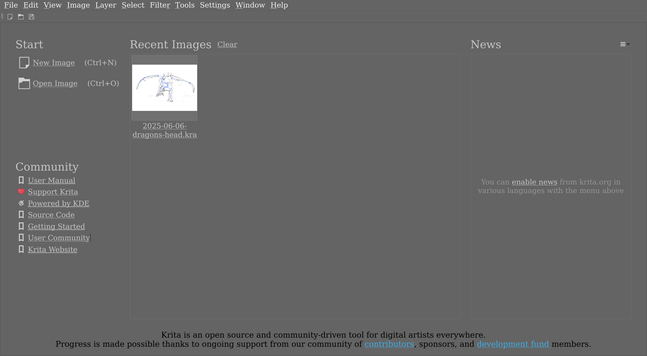 The Krita main window. It is dark gray and displays some of the startup panel and the one, previously opened file with white background. All letters inside Krita window are using the DejaVu Serif font.